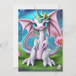 Cute Smiling Baby Dragon met Flowers Feestdagenkaart