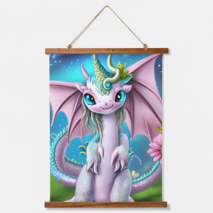 Cute Smiling Baby Dragon met Flowers Hangend Wandkleed