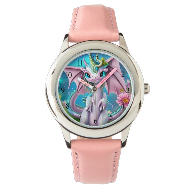 Cute Smiling Baby Dragon met Flowers Horloge (Voorkant)