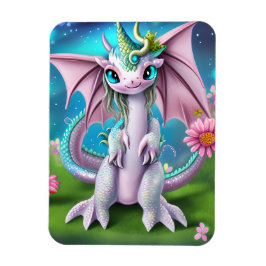 Cute Smiling Baby Dragon met Flowers Magneet