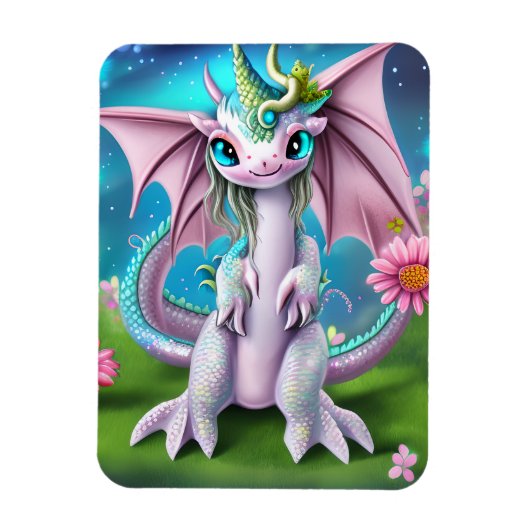 Cute Smiling Baby Dragon met Flowers Magneet (Verticaal)