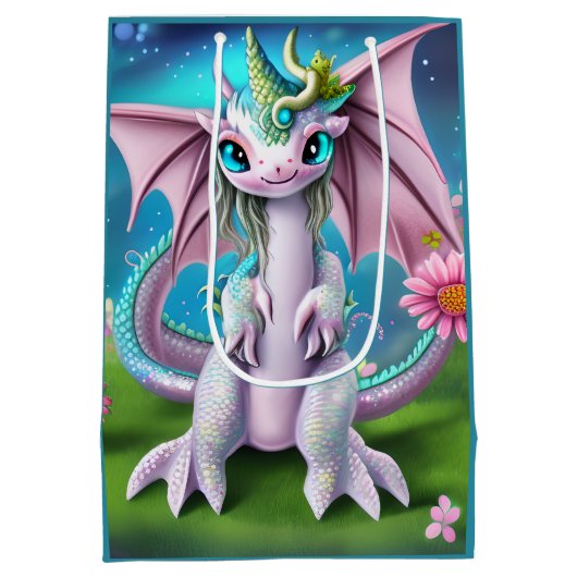 Cute Smiling Baby Dragon met Flowers Medium Cadeauzakje (Achterkant)