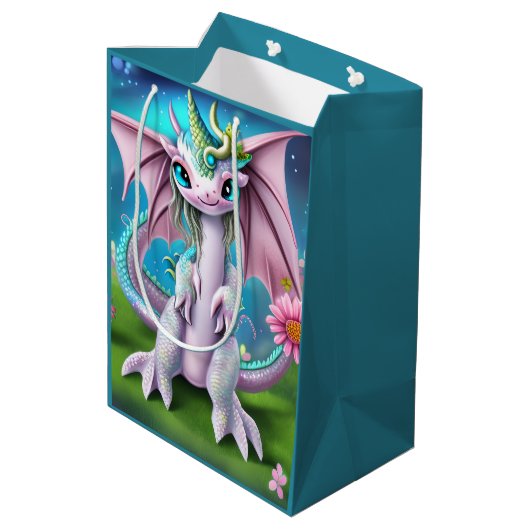 Cute Smiling Baby Dragon met Flowers Medium Cadeauzakje (Achterkant Gekanteld)