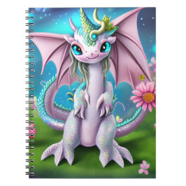 Cute Smiling Baby Dragon met Flowers Notitieboek