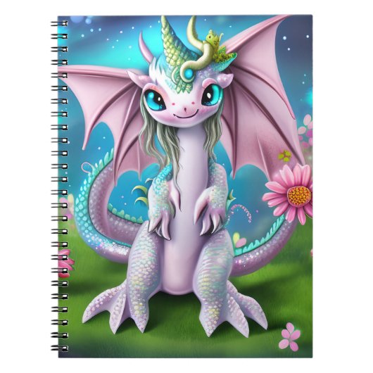 Cute Smiling Baby Dragon met Flowers Notitieboek (Voorkant)