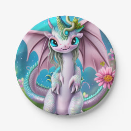 Cute Smiling Baby Dragon met Flowers Papieren Bordje