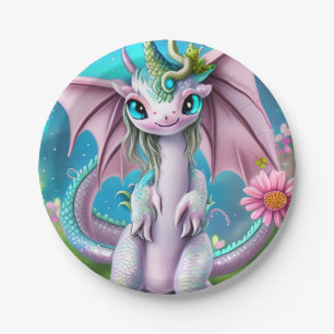 Cute Smiling Baby Dragon met Flowers Papieren Bordje