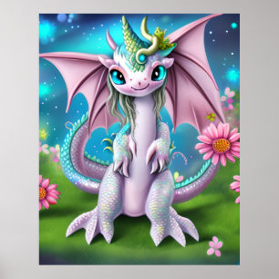 Cute Smiling Baby Dragon met Flowers Poster