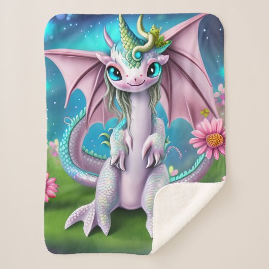 Cute Smiling Baby Dragon met Flowers Sherpa Deken (Voorkant)