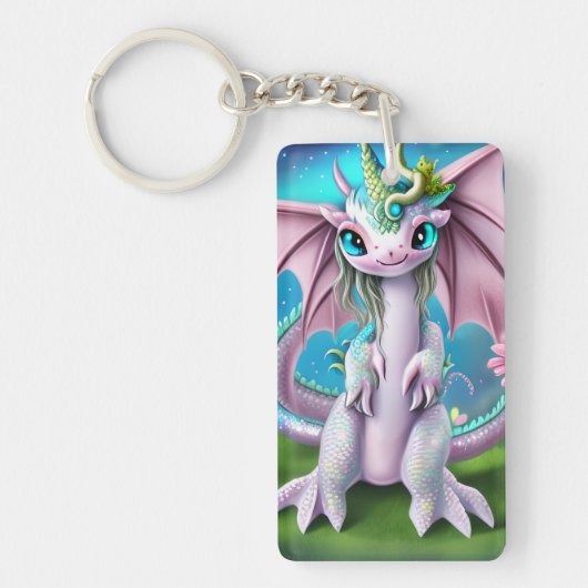 Cute Smiling Baby Dragon met Flowers Sleutelhanger (Voorkant)