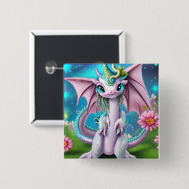 Cute Smiling Baby Dragon met Flowers Vierkante Button 5,1 Cm