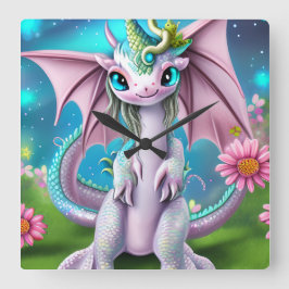Cute Smiling Baby Dragon met Flowers Vierkante Klok