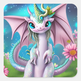 Cute Smiling Baby Dragon met Flowers Vierkante Sticker