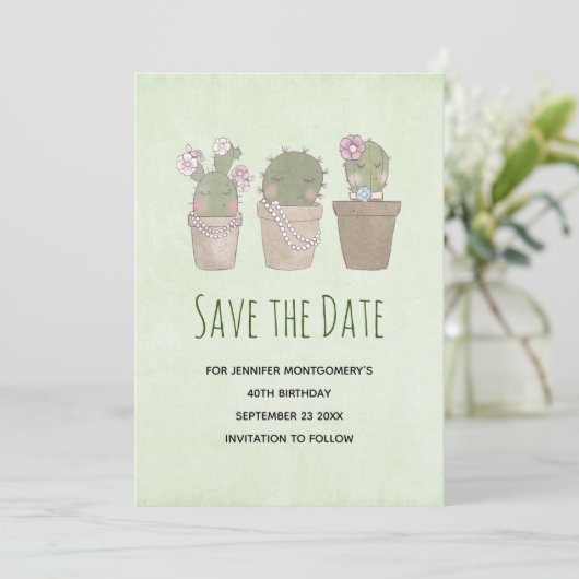 Cute Smiling Cactus Trio Waterverf Design Save The Date (Staand voorkant)