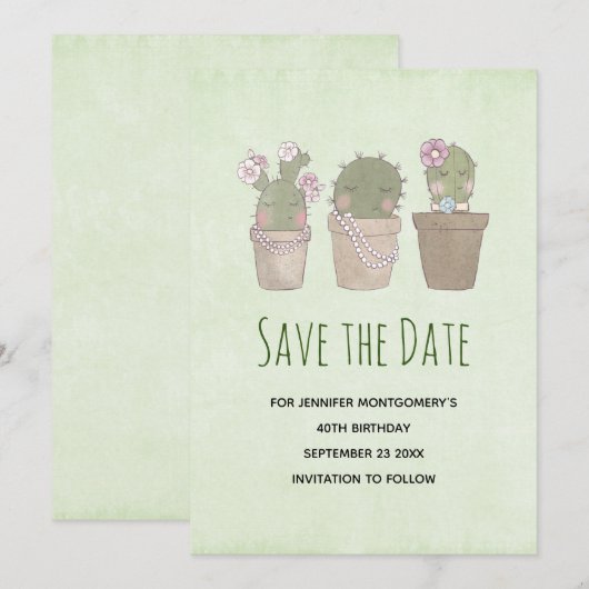 Cute Smiling Cactus Trio Waterverf Design Save The Date (Voorkant / Achterkant)