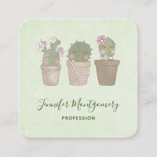 Cute Smiling Cactus Wearing Jewelry Waterverf Vierkante Visitekaartje