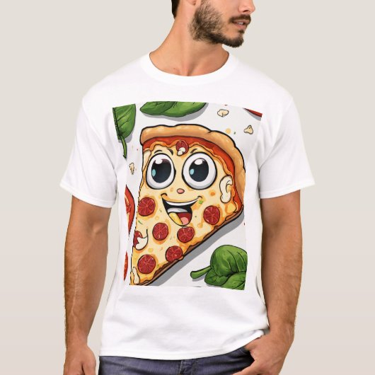 Cute Smiling Cartoon Pizza Slice with Happy Face - T-shirt (Voorkant)