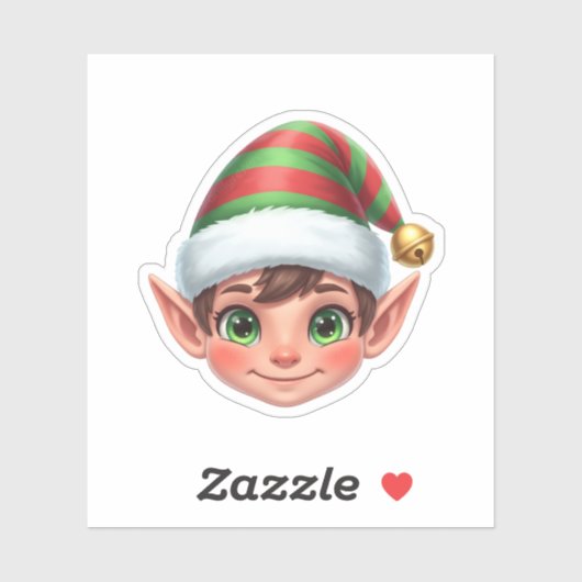 Cute Smiling Christmas Elf Face with Red Green Hat Sticker (Vel)