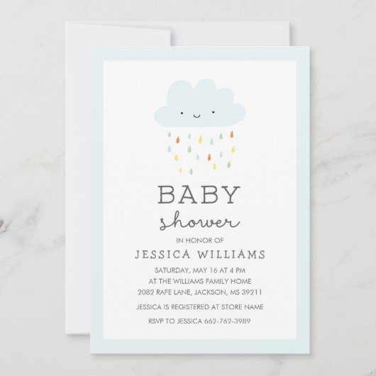 Cute Smiling Cloud Baby shower Invitation in Blue Kaart (Voorkant)