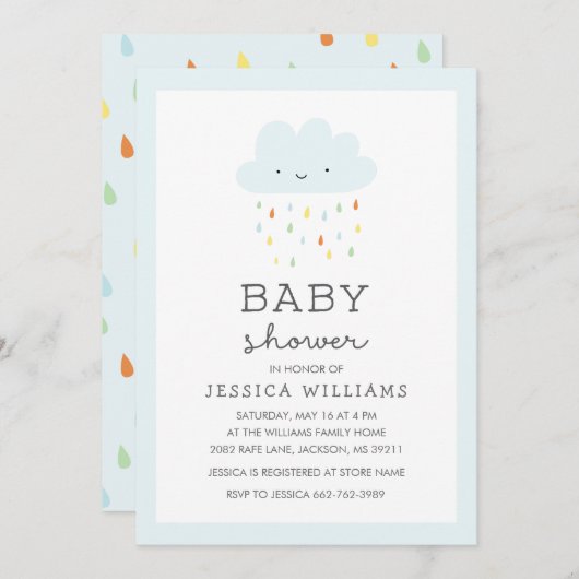 Cute Smiling Cloud Baby shower Invitation in Blue Kaart (Voorkant / Achterkant)