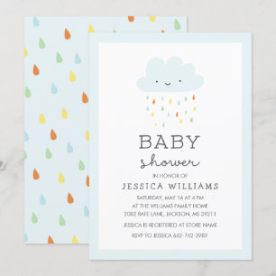 Cute Smiling Cloud Baby shower Invitation in Blue Kaart