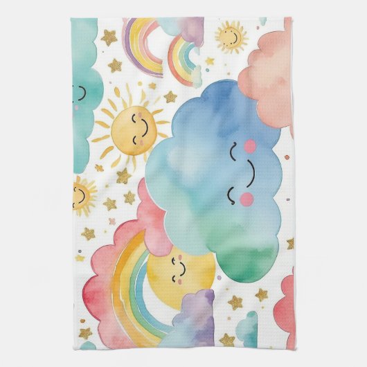 Cute Smiling Clouds Suns Rainbows Kitchen Towel Theedoek (Verticaal)