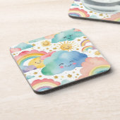 Cute Smiling Clouds Suns Rainbows Pattern Bier Onderzetter (Linkerzijde)