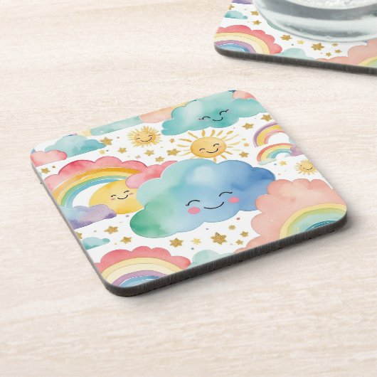 Cute Smiling Clouds Suns Rainbows Pattern Bier Onderzetter (Linkerzijde)