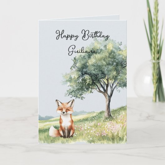 Cute Smiling Fox Field of Flowers Tree Birthday Kaart (Voorkant)