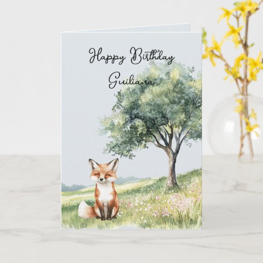 Cute Smiling Fox Field of Flowers Tree Birthday Kaart (Gele Bloem)