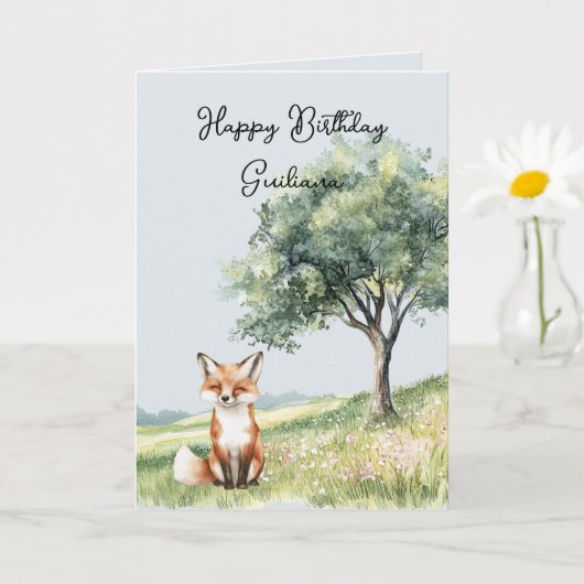 Cute Smiling Fox Field of Flowers Tree Birthday Kaart (Kleine Plant)