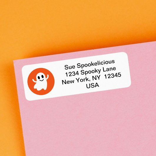 Cute Smiling Halloween Ghost Oranje Cirkel Etiket