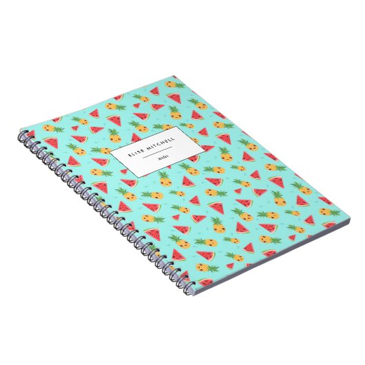 Cute Smiling Kawaii Watermelon & Pineapple Pattern Notitieboek (Rechterzijde)