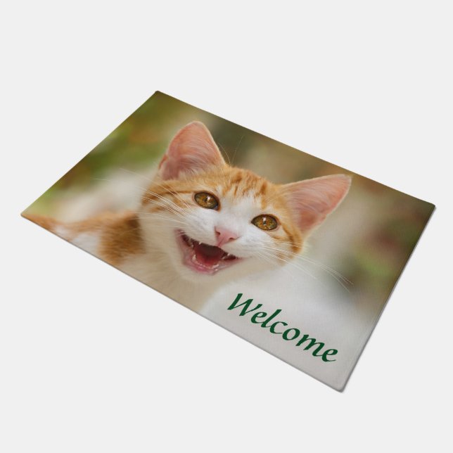 Cute Smiling Kitten Face Funny Cat Meow Foto Deurmat (Schuin)