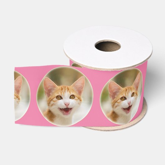Cute Smiling Kitten Face Funny Cat Meow Foto Grosgrain Lint (Spoel)