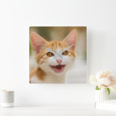 Cute Smiling Kitten Face Funny Cat Meow Foto Vierkante Klok (Huis)