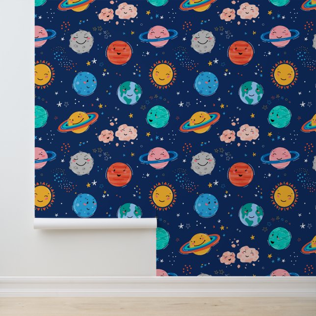 Cute Smiling Planet Pattern Behang (Applicatie)