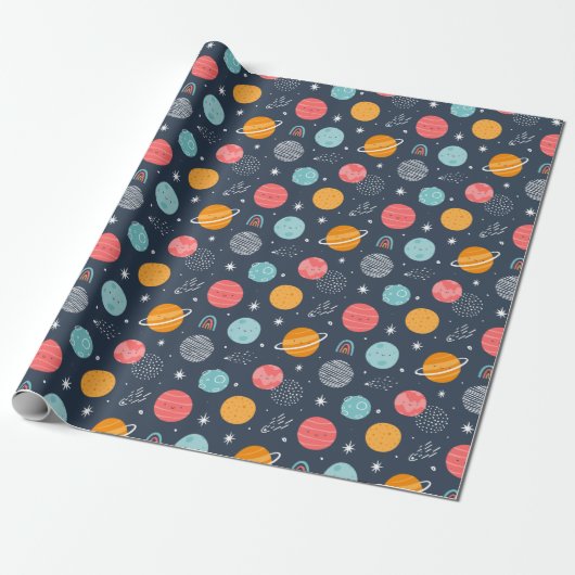 Cute Smiling Planet Pattern Cadeaupapier (Uitgerold)