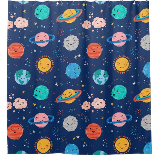 Cute Smiling Planet Pattern Douchegordijn (Voorkant)