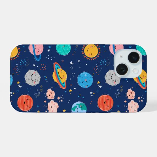 Cute Smiling Planet Pattern iPhone 15 Case (Achterkant horizontaal)