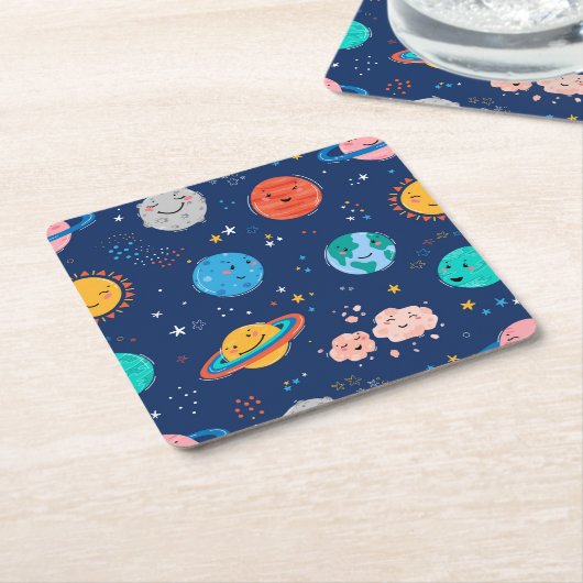 Cute Smiling Planet Pattern Kartonnen Onderzetters (Schuin)