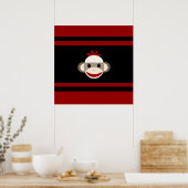 Cute Smiling Sock Monkey Face op Red Black Poster (Keuken)