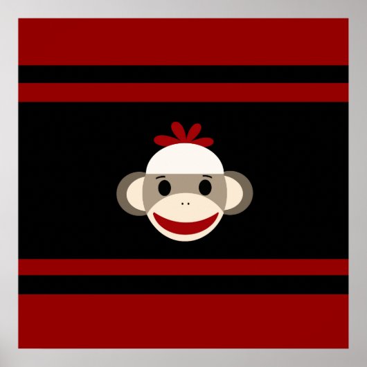 Cute Smiling Sock Monkey Face op Red Black Poster (Voorkant)