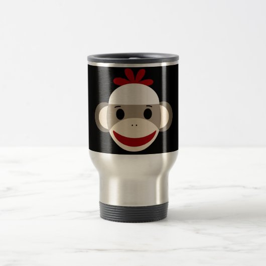 Cute Smiling Sock Monkey Face op Red Black Reisbeker (Center)