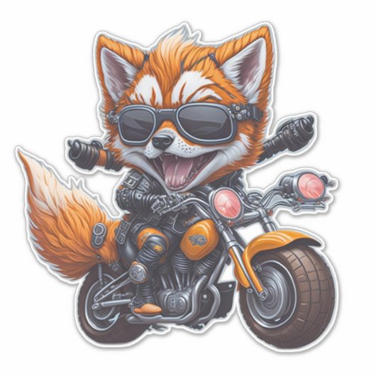 Cute Smilling Fox Riding Motorcycle Sticker (Voorkant)