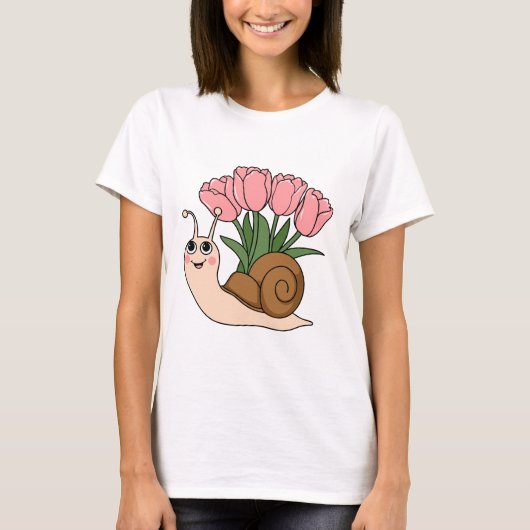 Cute Snail with Tulips Floral Spring Garden Design T-shirt (Voorkant)