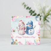 Cute Sneeuwman Koppel Gelukkig Valentijnsdag Kaart (Staand voorkant)