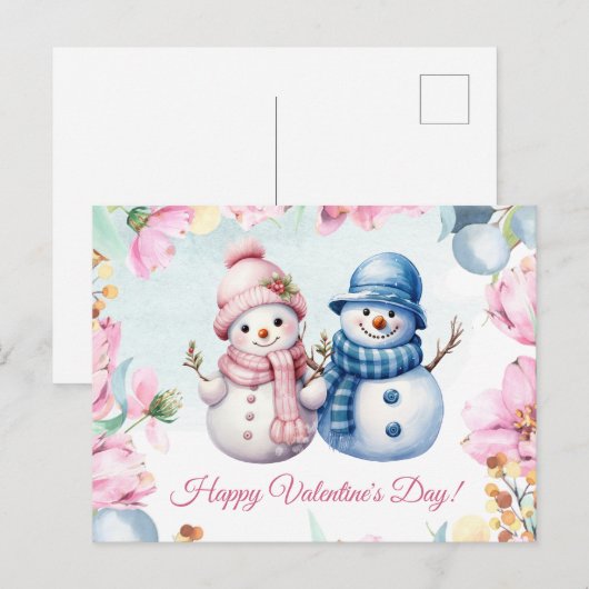 Cute Sneeuwman Koppel Gelukkige Valentijnsdag Kaar Feestdagenkaart (Voorkant / Achterkant)