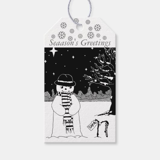 Cute sneeuwman met zwarte en witte kerst cadeaulabel (Voorkant)