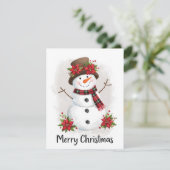 Cute Sneeuwman Poinsettia Geruite Sjaal Feestdagenkaart (Staand voorkant)